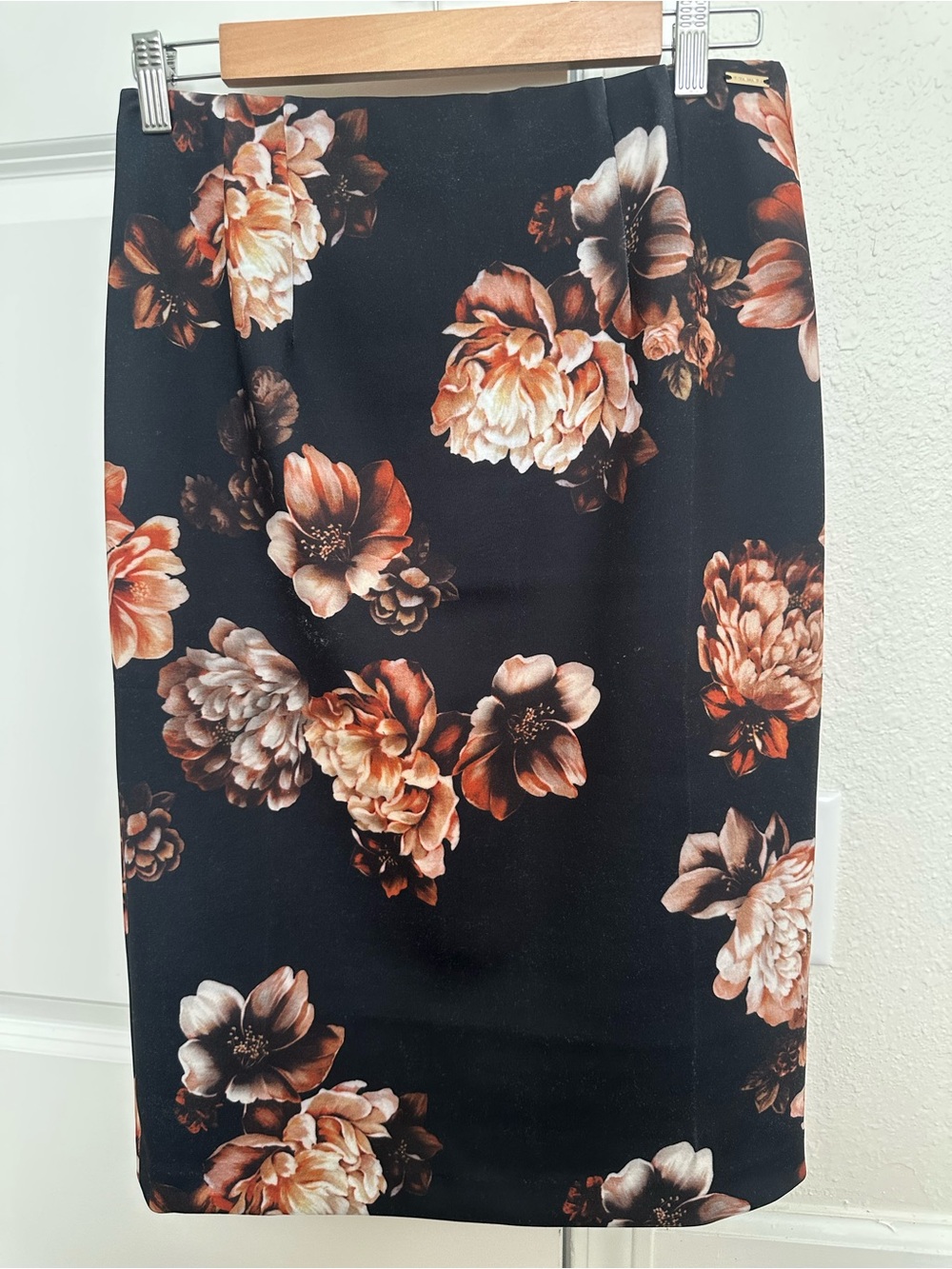 Tahari Black Pencil Skirt with Peach Floral Print